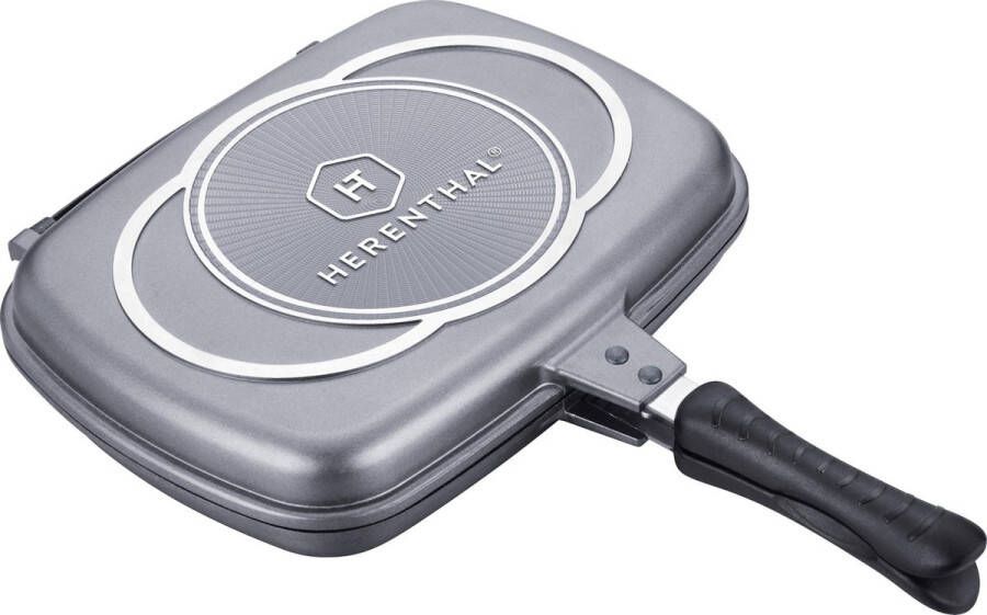 Herenthal Dubbele Grillpan Ø 34 cm Marmeren Coating met Antiaanbaklaag PFAS & PFOA vrij Pan Voor Alle Warmtebronnen ( Excl. Inductie ) Grill Vermindert Geur Rook en Oliespatten Vaatwasserbestendig Zilver