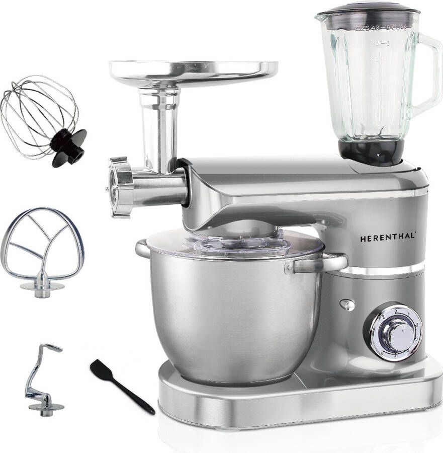 Herenthal Keukenmachine Keukenrobot 1900W Foodprocessor Met 7 Snelheidsstanden + LED incl. Garde Kneedhaak Mengarm Pannenlikker Keukenmixer Met Spatscherm & RVS Mengkom van 6.5 Liter Zilver