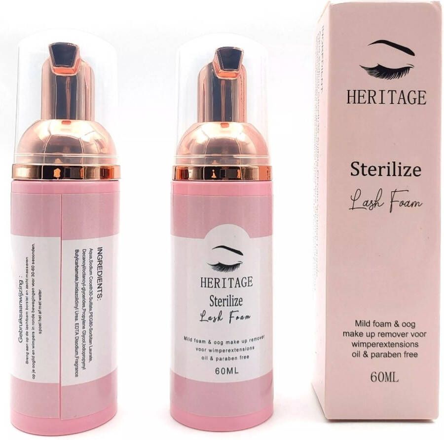Heritage Lash foam cleanser & eye make up remover in 1. Oil free. 60ml with brush. Olievrije oog make up remover & lash foam met borstel. Geschikt voor wimperextensions drager met Borstel ( olie vrij Parabeen vrij geschikt voor gevoelige huid )
