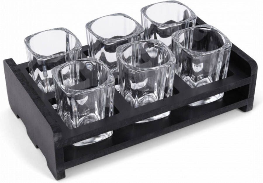 Heritage Glasses Set van Zes Stijlvolle Shotglaasjes in een Houten Rek