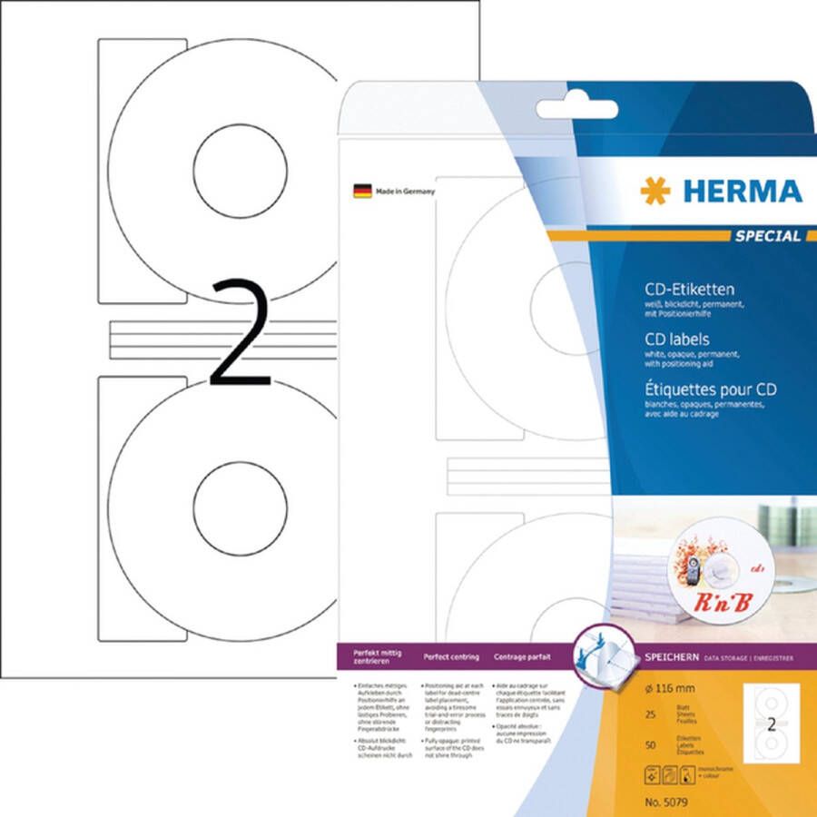 Herma 5079 CD DVD Etiket 116mm Wit 50 etiketten