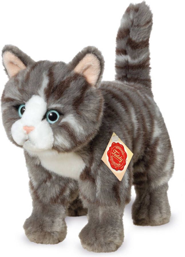 Hermann Teddy Knuffeldier kat poes zachte pluche stof premium kwaliteit knuffels grijs wit 20 cm