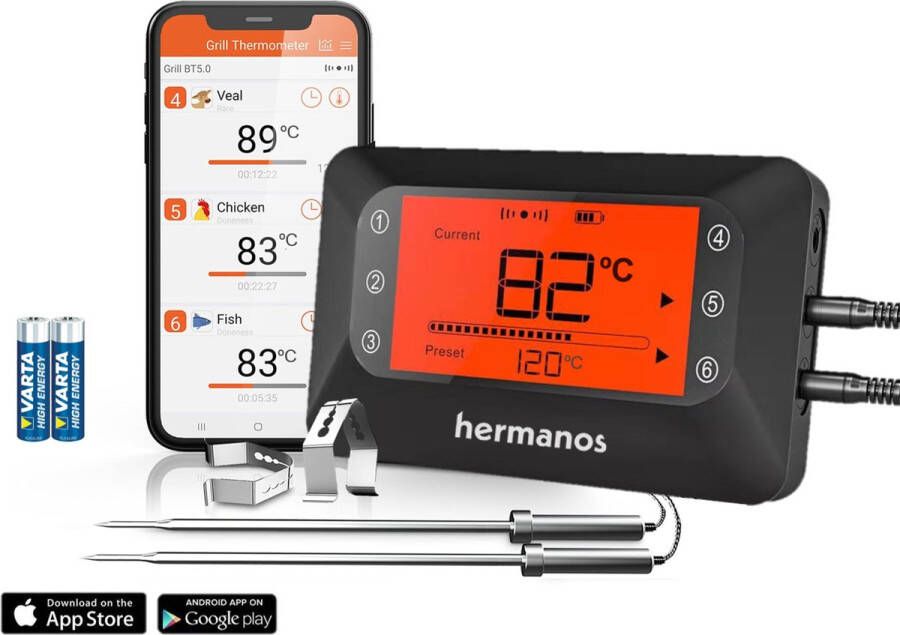 Hermanos Digitale BBQ Thermometer Draadloos Vleesthermometer Oventhermometer Bluetooth met app 2 Meetsondes Magneet Incl. Batterijen 1x Grillhouder