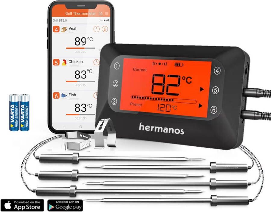 Hermanos Digitale BBQ Thermometer Draadloos Vleesthermometer Oventhermometer Bluetooth met app 6 Meetsondes Magneet Incl. Batterijen