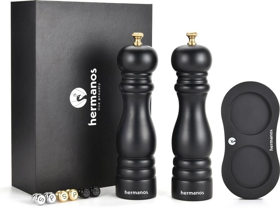 Hermanos Pepermolen en Zoutmolen Set Handmatig Peper- & Zoutstel 22 cm Verwisselbare knoppen zwart zilver en goud Instelbare maalgraad Zwart Acaciahout