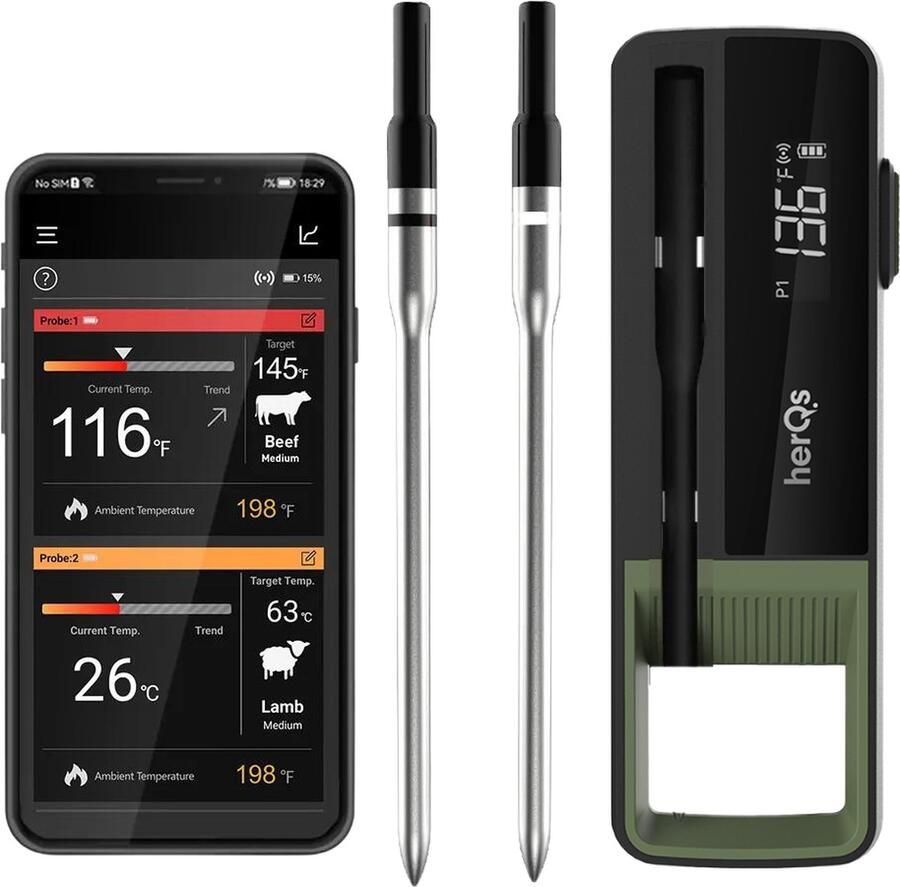 HerQs Double Max BBQ thermometer – Keuken thermometer barbecue digitale kerntemperatuur vleesthermometer Bluetooth app draadloos thermometer