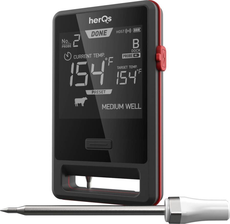 HerQs Pin PRO BBQ thermometer – Vleesthermometer – incl. 2 draadloze sondes barbecue thermometer met App – tot 500°C – Bluetooth