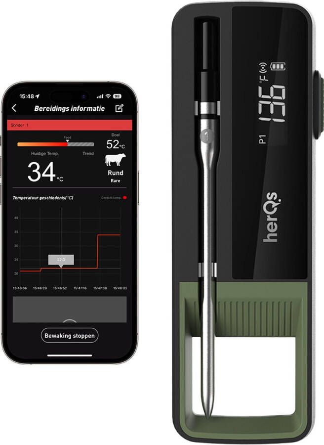 HerQs Single Max BBQ thermometer – Keuken thermometer barbecue digitale kerntemperatuur vleesthermometer Bluetooth app draadloos thermometer