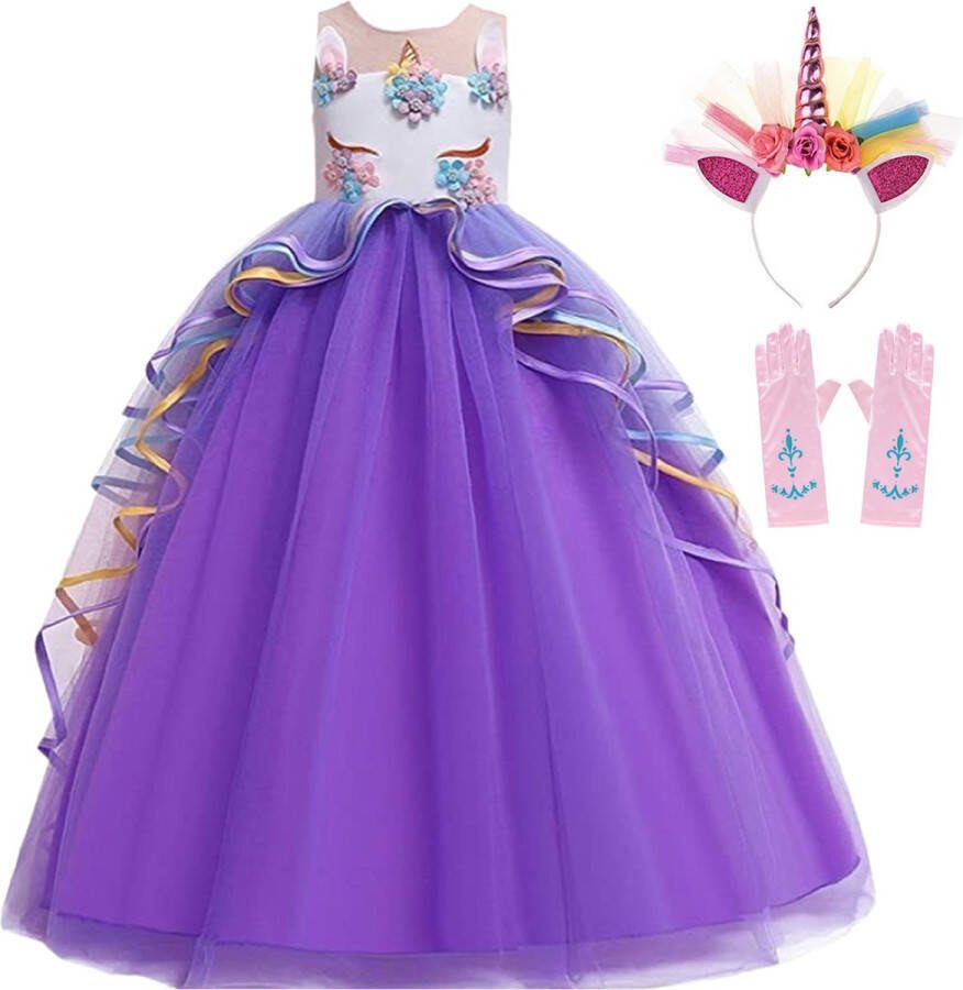 Het Betere Merk Carnavalskleding meisje Eenhoorn jurk Prinsessenjurk (120) Unicorn speelgoed Eenhoorn haarband Verkleedkleren meisje Paars