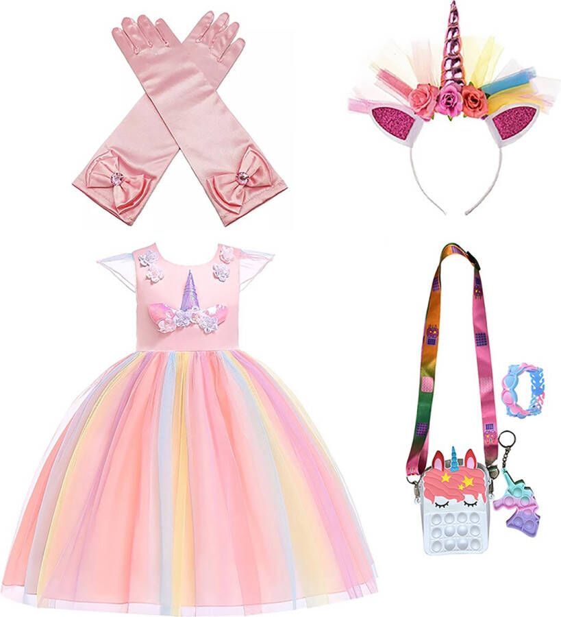 Het Betere Merk Carnavalskleding meisjes Pop it Speelgoed Fidget Prinsessen verkleedkleding Unicorn Jurk Prinsessenjurk meisje Eenhoorn Unicorn Haarband maat 98 104(110) Verkleedkleren Meisje