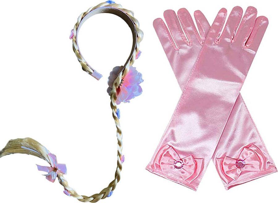 Het Betere Merk Haarband met blonde vlecht met roze bloem lange roze prinsessen handschoenen voor bij je Elsa prinsessenjurk