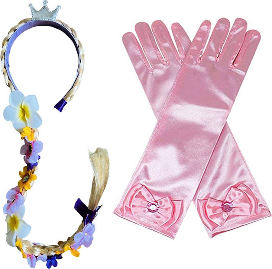 Het Betere Merk Haarband met vlecht met bloemen lange roze satijnen prinsessenhandschoenen voor bij je prinsessenjurk Elsa haarvlecht