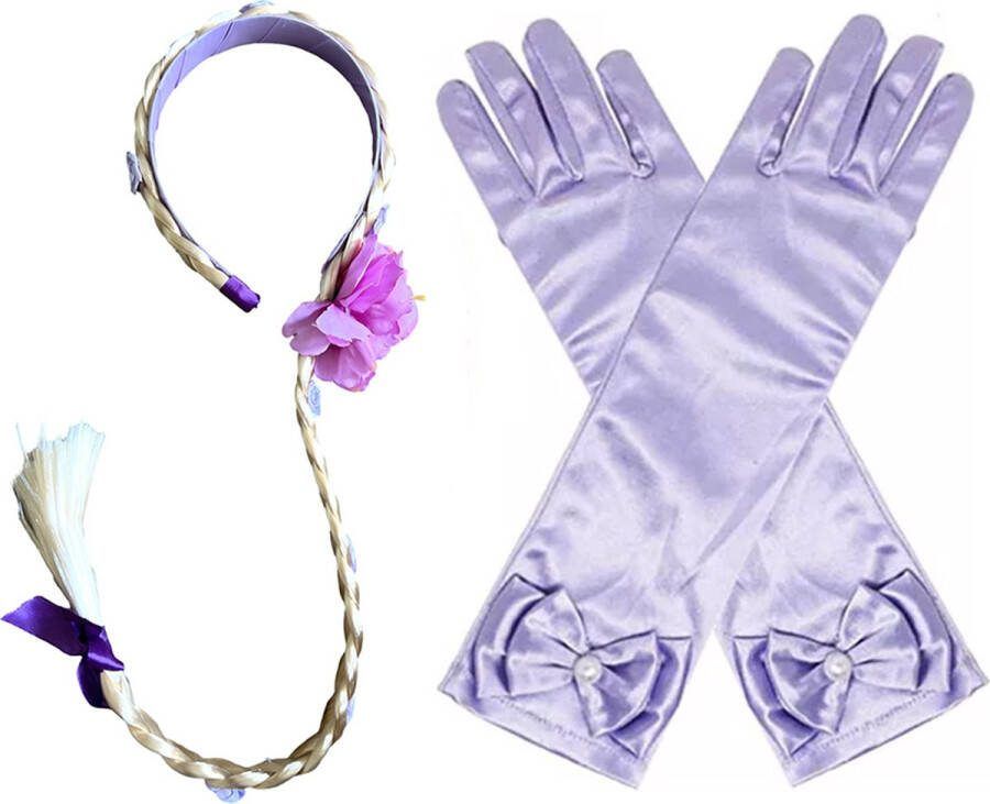 Het Betere Merk Haarband met vlecht met paarse roosjes lange paarse satijnen prinsessen handschoenen voor bij je prinsessenjurk