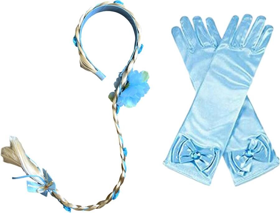 Het Betere Merk Haarband met vlecht met blauwe roosjes + lange blauwe satijnen prinsessenhandschoenen voor bij je Elsa prinsessenjurk