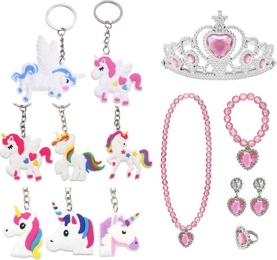 Het Betere Merk Uitdeelzakjes Traktatie Uitdeelcadeautjes Kinderen-8 x Unicorn Sleutelhanger + Kroon + Juwelen Cadeautjes Klein Speelgoed Roze