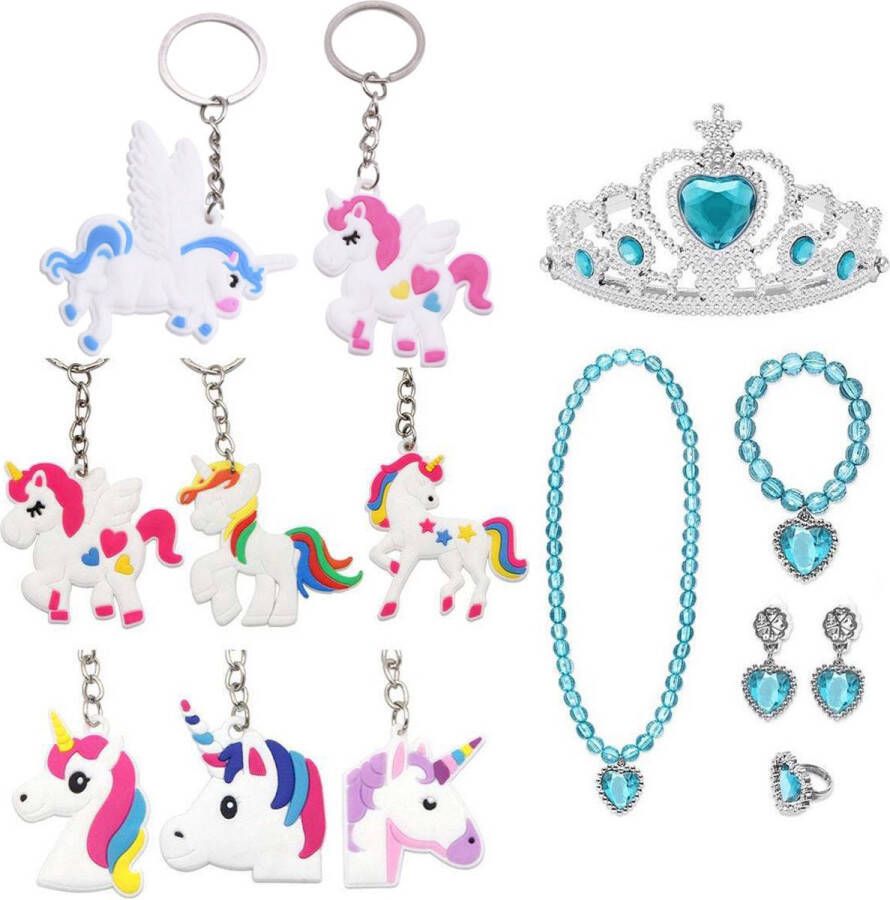 Het Betere Merk Uitdeelzakjes Traktatie Uitdeelcadeautjes Kinderen-8 x Unicorn Sleutelhanger + Kroon + Juwelen Cadeautjes Klein Speelgoed Blauw