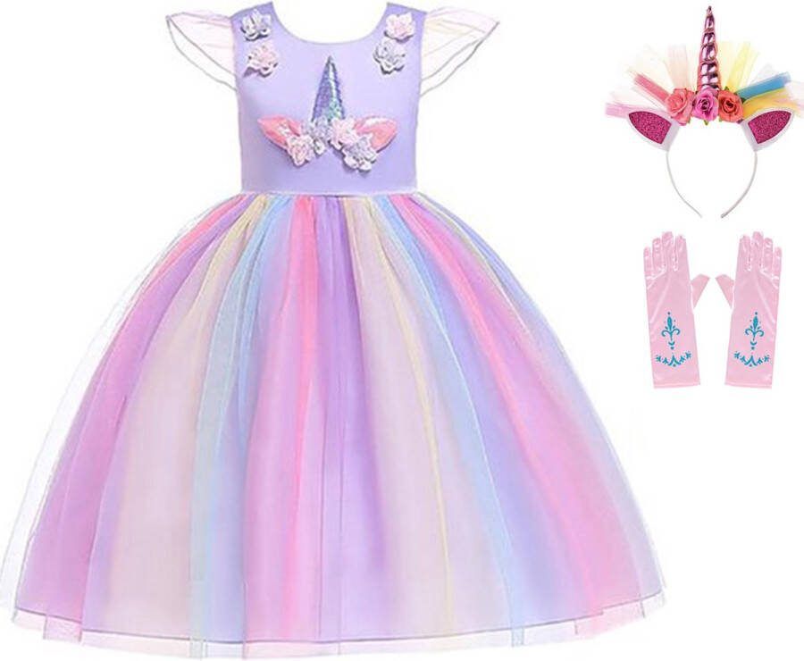 Het Betere Merk Unicorn jurk Prinsessenjurk meisje Eenhoorn Haarband maat 134 140(150) -Verkleedkleren Meisje Paars Prinsessenhandschoenen