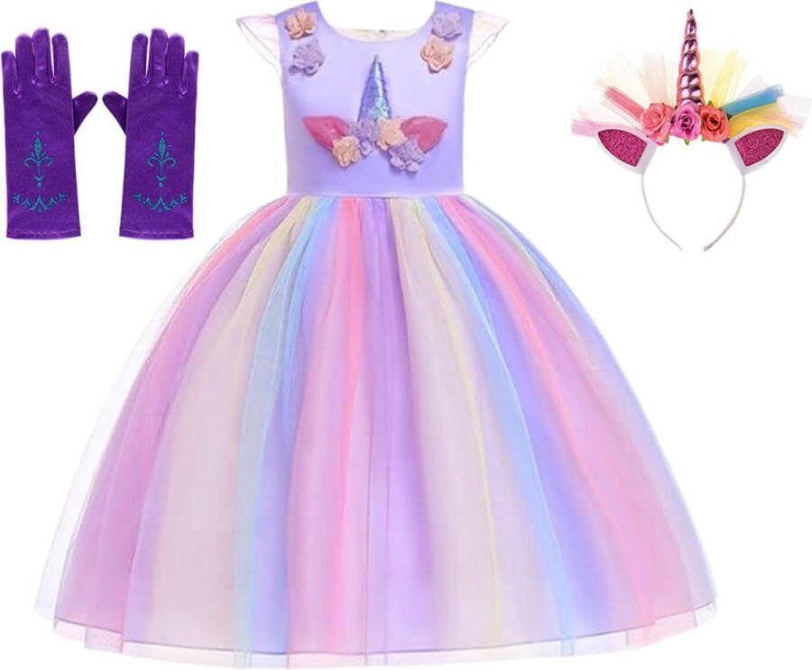 Het Betere Merk Unicorn prinsessenjurk meisje Eenhoorn Haarband (120) -Verkleedkleren Meisje Paars Prinsessenhandschoenen