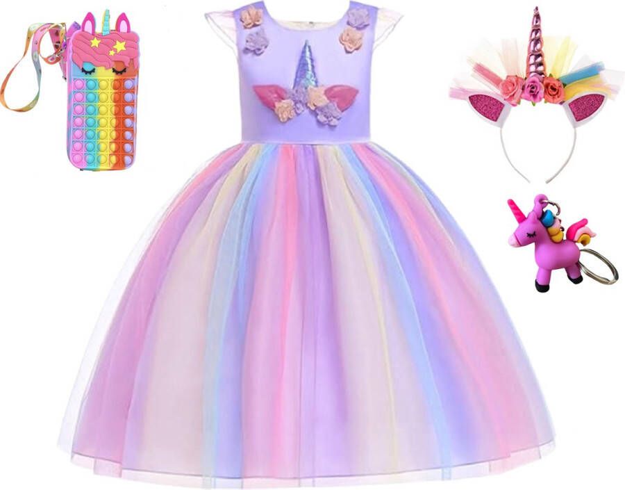 Het Betere Merk Unicorn jurk Prinsessenjurk meisje Fidget toys Paarse jurk Eenhoorn Haarband maat 122 128(140) Verkleedkleren Meisje 3D Sleutelhanger