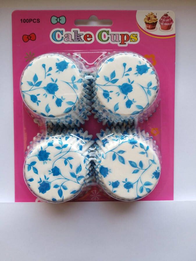 Het Borstelhuis vof Cupcake Vormpjes Papier Muffin Vormpjes 100 Stuks Diameter 5 cm Wit met blauwe bloemen