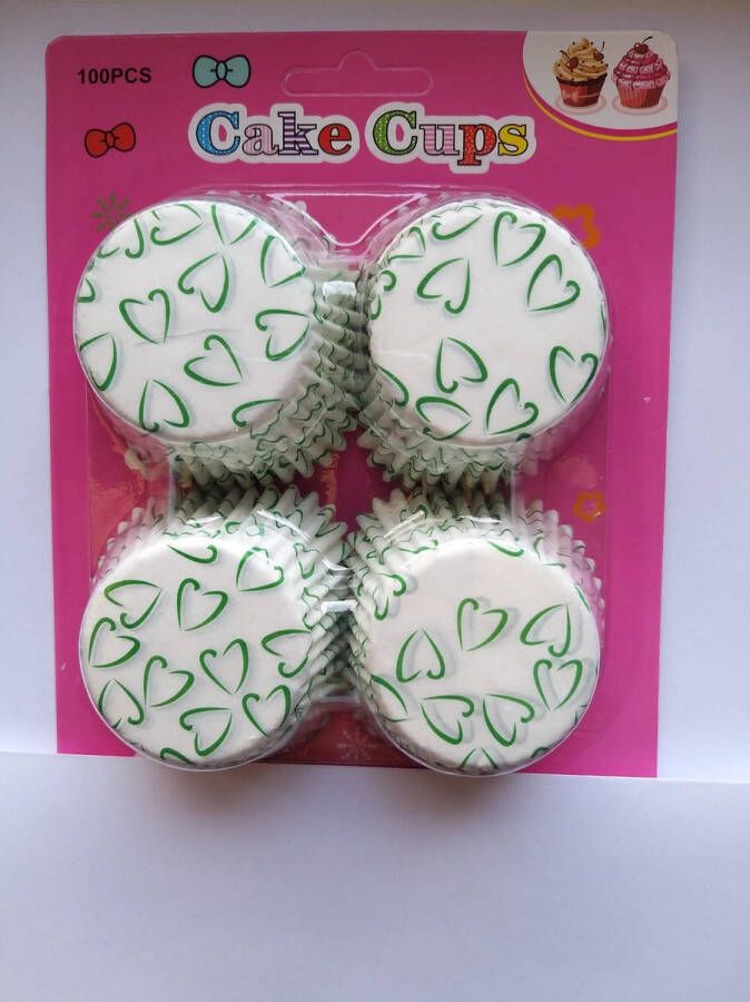 Het Borstelhuis vof Cupcake Vormpjes Papier Muffin Vormpjes 100 Stuks Diameter 5 cm Wit met Groene Hartjes