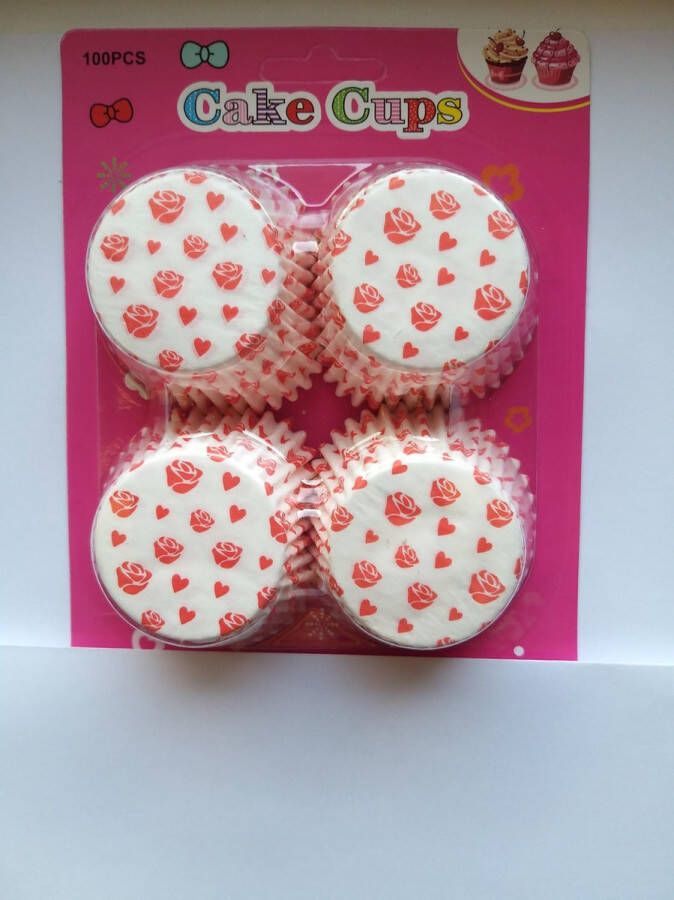 Het Borstelhuis vof Cupcake Vormpjes Papier Muffin Vormpjes 100 Stuks Diameter 5 cm Wit met Roze Roosjes en Hartjes