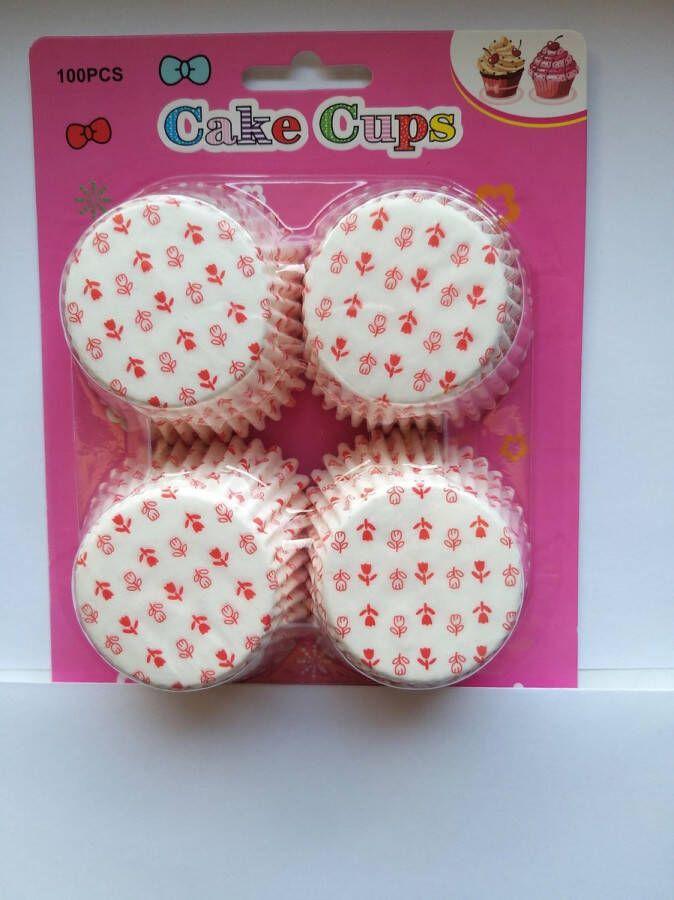 Het Borstelhuis vof Cupcake Vormpjes Papier Muffin Vormpjes 100 Stuks Diameter 5 cm Wit met roze tulpen