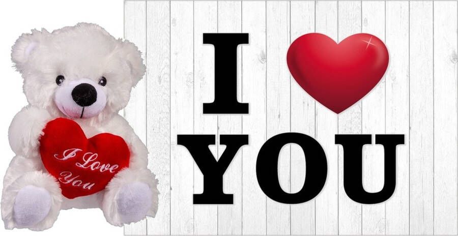 Heunec Pluche knuffel Valentijn I Love You beertje 22 cm met hartjes wenskaart Knuffelberen