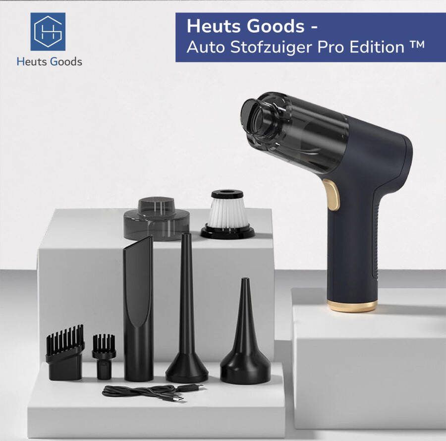 Heuts Goods Auto Stofzuiger Pro Edition™ Hand Stofzuiger Kruimeldieven Nat & Droog Mini Stofzuiger 9800Pa Draadloos & Oplaadbaar Met Blaasfunctie Veel Accessoires