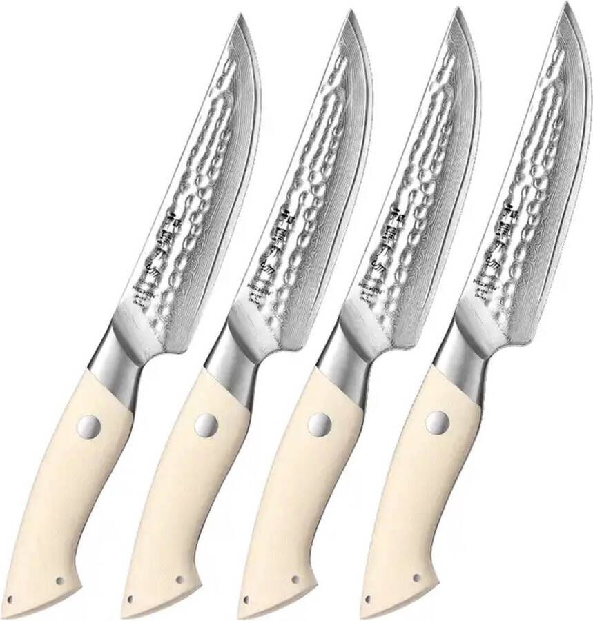 HEZHEN Damaststalen steakmessenset 4 steakmessen Inclusief luxe giftbox bewaardoos handvatten van ivoorwit G10 materiaal B38H Series