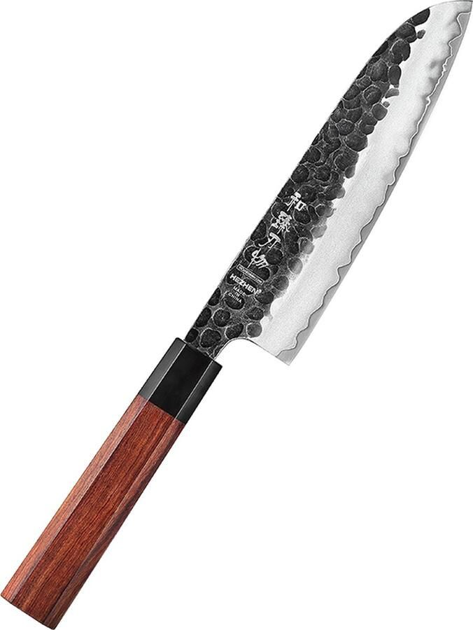 HEZHEN Santokumes Gemaakt van 3-laags composietstaal (10Cr15CoMoV + SUS410 staal) Hoog koolstof gehalte met hardheid van 58-62 HRC Handvat van Mahoniehout santoku mes uit de PM8S Retro Series