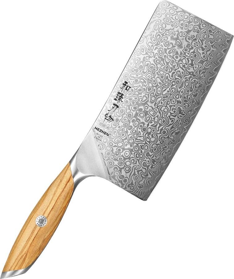 HEZHEN X01 Flagship Series Hakmes Damascus Poederstaal (73 laags met kern van 14Cr14MoVNb) – Olijfhout – Professioneel vlijmscherp damastmes Inclusief mooie geschenkdoos