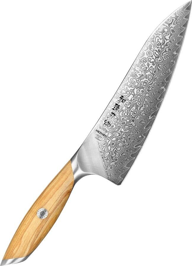 HEZHEN X01 Flagship Series Koksmes Professioneel Damascus staal (73 laags met poederstalen kern van 14Cr14MoVNb) Olijfhout Vlijmscherp damastmes Inclusief mooie geschenkdoos