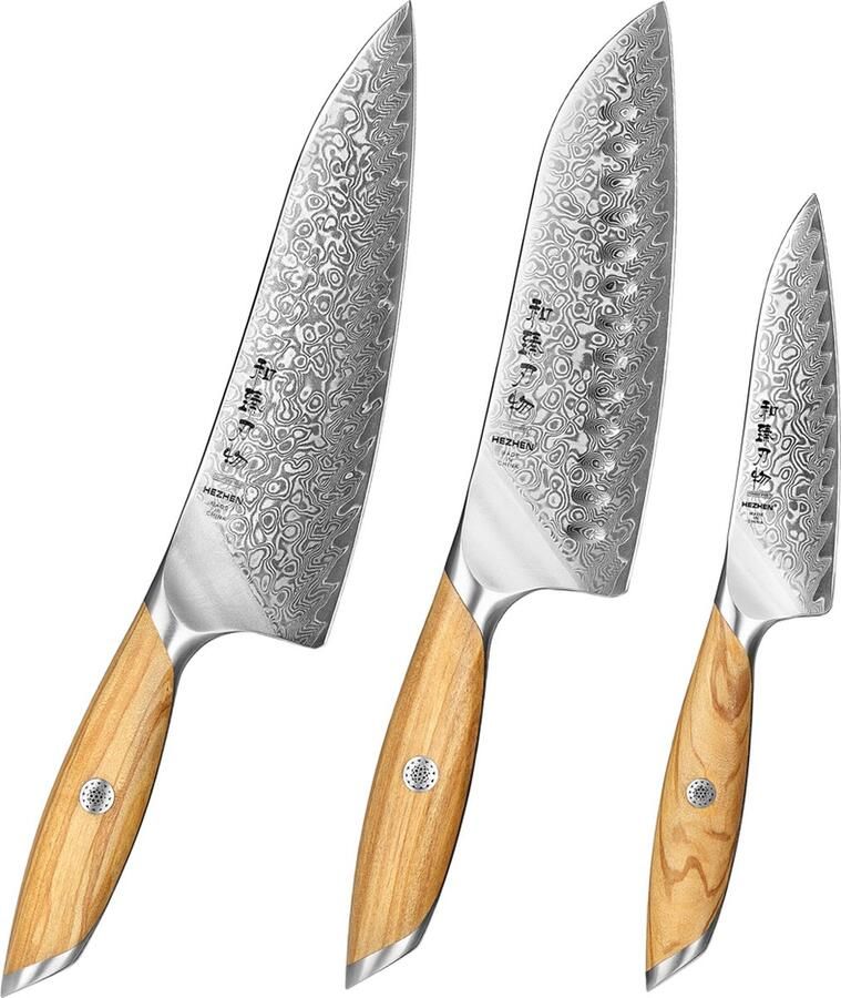 HEZHEN X01 Flagship Series – Professionele Messenset (3-delig) Damascus staal (73 laags met poederstalen kern van 14Cr14MoVNb) Olijfhout Vlijmscherpe damastmessen Inclusief mooie geschenkdoos