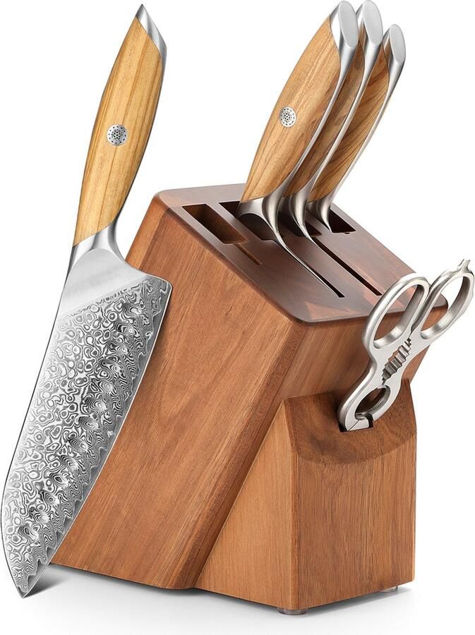 HEZHEN X01 Flagship Series – Professionele Messenset (6-delig) Damascus staal (73 laags met poederstalen kern van 14Cr14MoVNb) – Olijfhouten handvaten en acaciahouten messenblok Vlijmscherpe damastmessen Inclusief mooie geschenkdoos