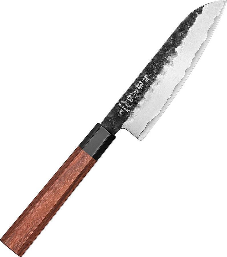HEZHEN klein Santokumes (5.5 inch) Gemaakt van 3-laags composietstaal (10Cr15CoMoV + SUS410 staal) Hoog koolstof gehalte met hardheid van 58-62 HRC Handvat van Mahoniehout Santokumesje uit de PM8S Retro Series