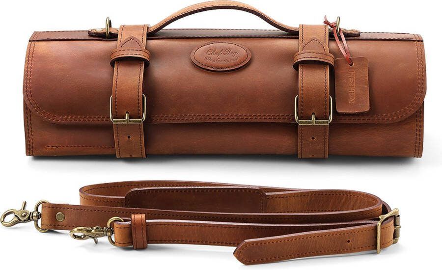 HEZHEN Luxe en Oprolbare Messentas van Crazy Horse Leather 8 messen + ritssluiting Tas voor messen Chef tas Chef Bag Kokstas Messenhouder Messenfoudraal Messenmap