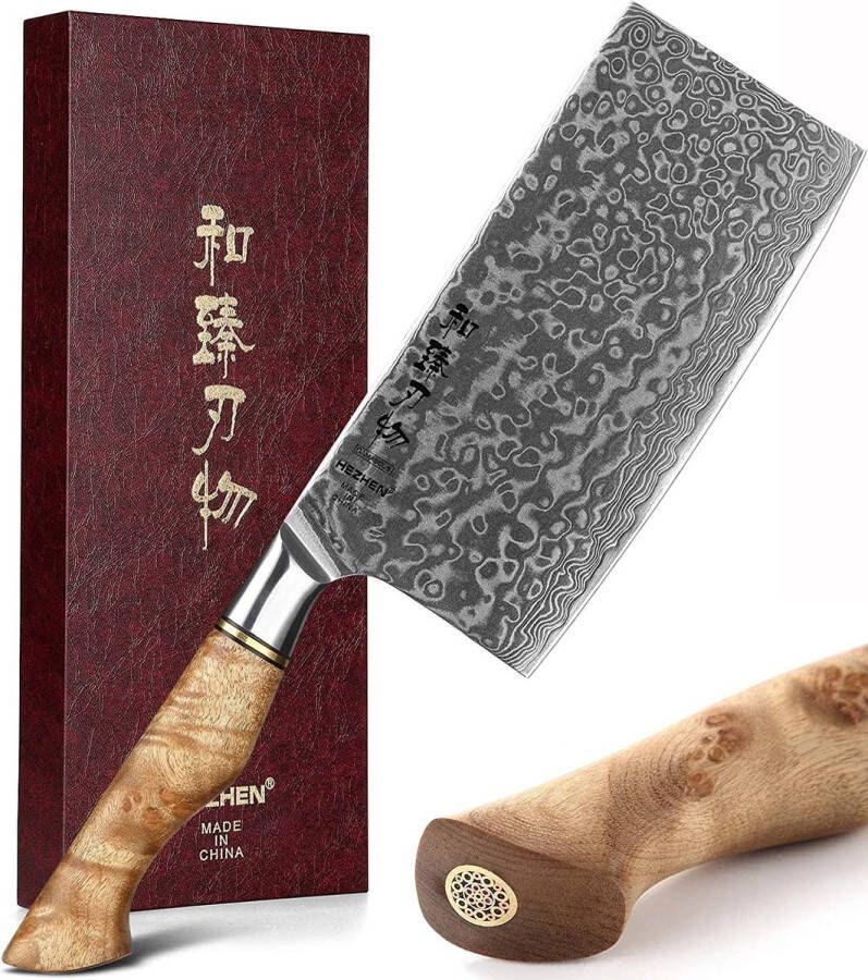 HEZHEN Professioneel 7 Hakmes Cleaver | VG10 Damascus staal (67 lagen) | B30 Series | Handvat van Plataanhout met Klinknagel Mozaïek