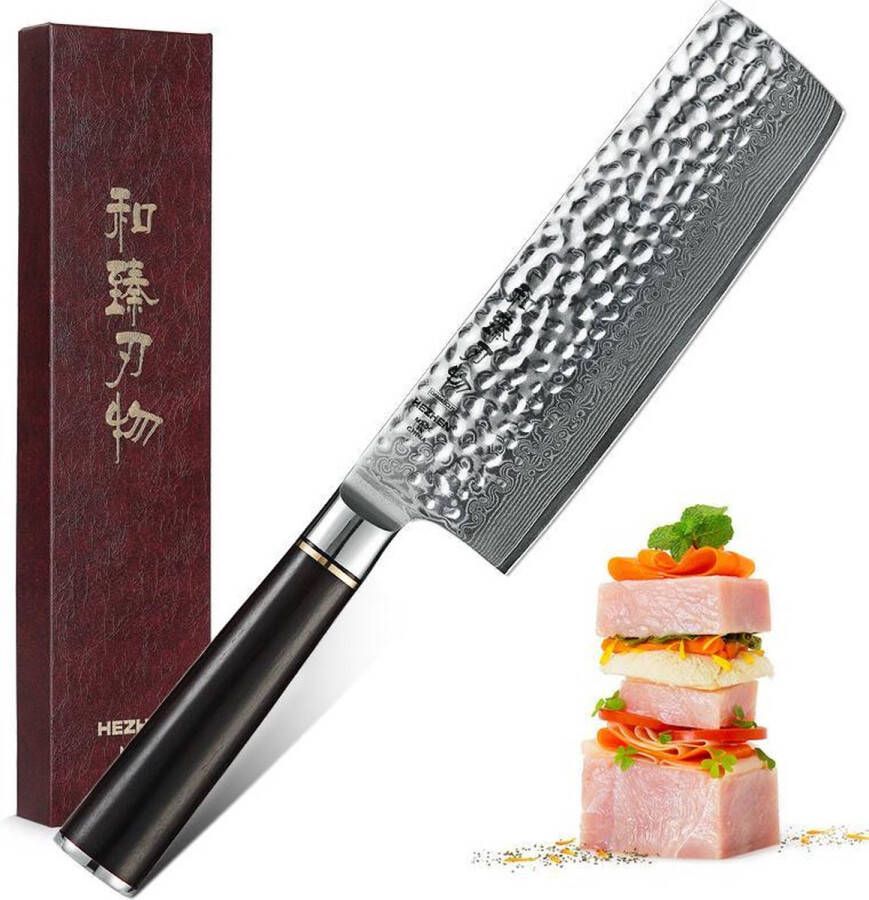 HEZHEN Professioneel 7 Nakiri Hakmes Vleesmes VG10 Damascus staal (67 lagen) B1Z Series Handvat van zwaar Ebbenhout