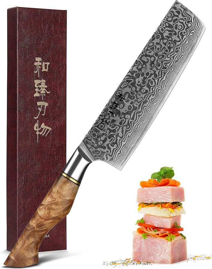 HEZHEN Professioneel 7 Nakiri Hakmes Vleesmes | VG10 Damascus staal (67 lagen) | B30 Series | Handvat van Plataanhout met Klinknagel Mozaïek