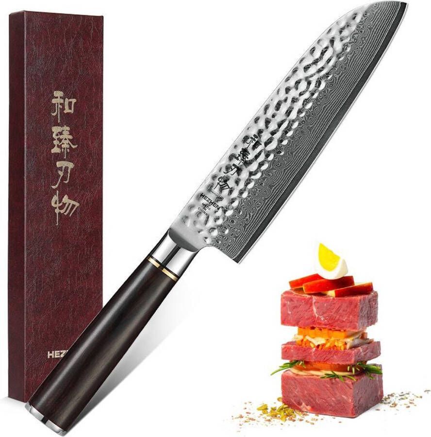 HEZHEN Professioneel 7 Santokumes | VG10 Damascus staal (67 lagen) | B1Z Series | Handvat van zwaar Ebbenhout