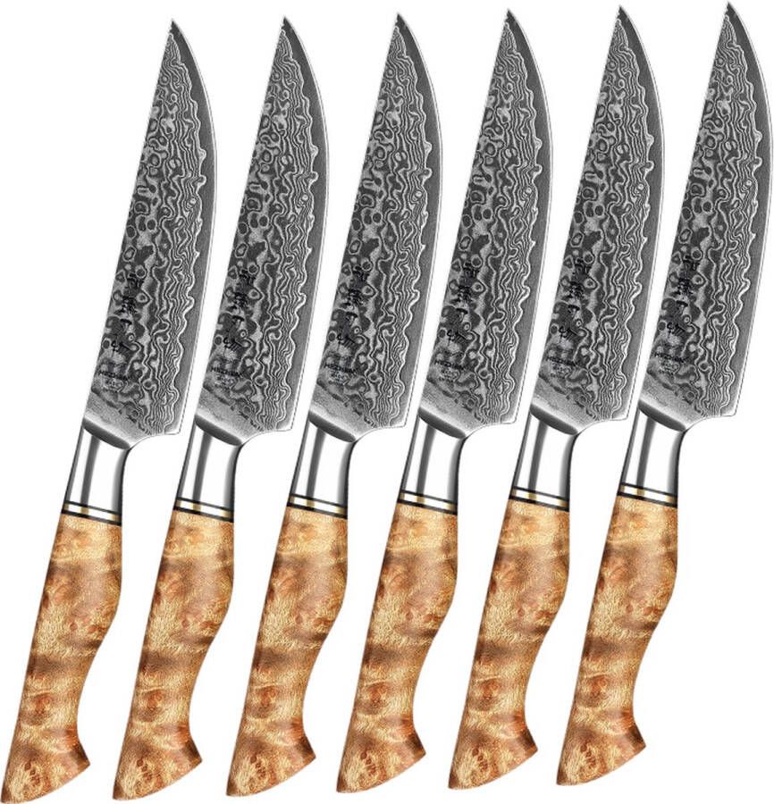 HEZHEN Steakmessen Damascus staal Set van 6 stuks Handvaten van Plataanhout met Klinknagel Mozaïek B30 Series