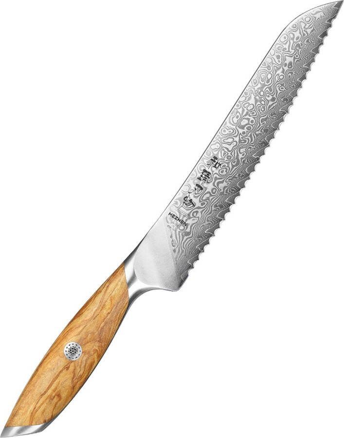 HEZHEN X01 Flagship Series Broodmes Damascus Poederstaal (73 laags met kern van 14Cr14MoVNb) – Olijfhout – Professioneel vlijmscherp damastmes Inclusief mooie geschenkdoos