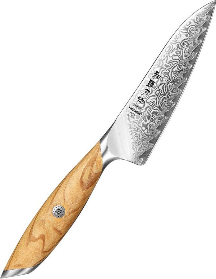HEZHEN X01 Flagship Series Groentemes Damascus Poederstaal (73 laags met kern van 14Cr14MoVNb) – Olijfhout – Professioneel vlijmscherp damastmes Inclusief mooie geschenkdoos