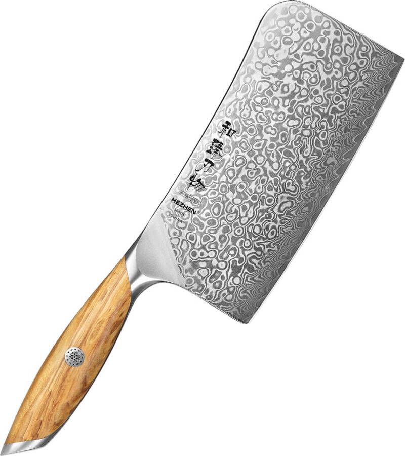 HEZHEN X01 Flagship Series Hakbijl (slagersmes) Damascus Poederstaal (73 laags met kern van 14Cr14MoVNb) – Olijfhout – Professioneel vlijmscherp damastmes Inclusief mooie geschenkdoos