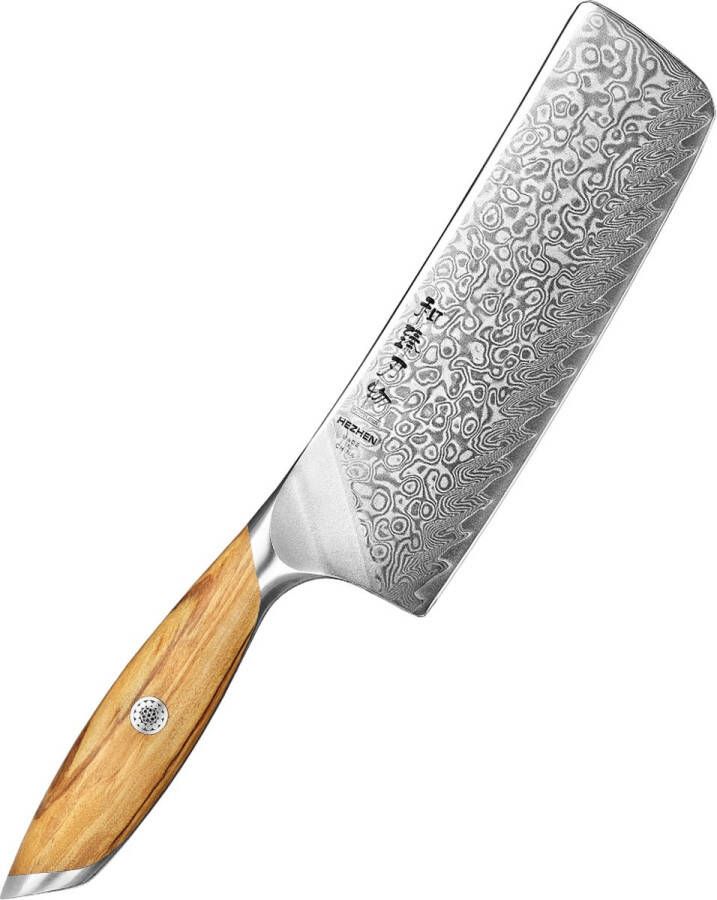 HEZHEN X01 Flagship Series Nakiri mes Damascus Poederstaal (73 laags met kern van 14Cr14MoVNb) – Olijfhout – Professioneel vlijmscherp damastmes Inclusief mooie geschenkdoos