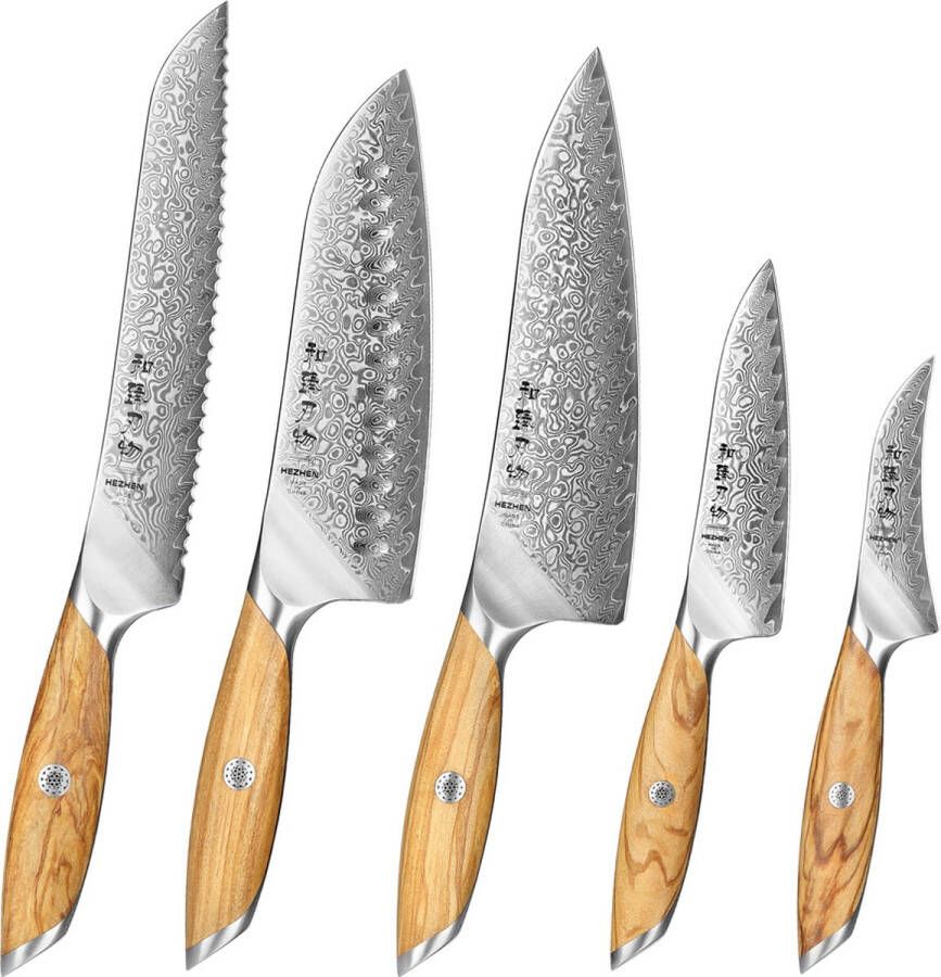 HEZHEN X01 Flagship Series – Professionele Messenset (5-delig) Damascus staal (73 laags met poederstalen kern van 14Cr14MoVNb) Olijfhout Vlijmscherpe damastmessen Inclusief mooie geschenkdoos