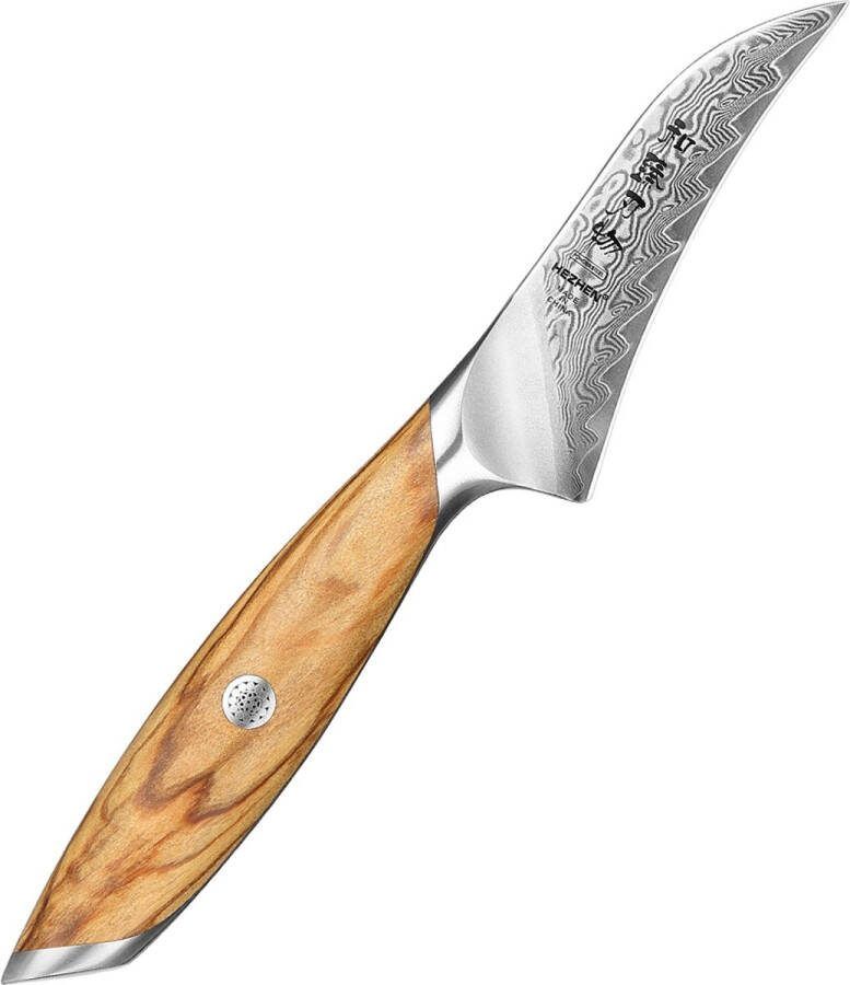 HEZHEN X01 Flagship Series Schilmes Damascus Poederstaal (73 laags met kern van 14Cr14MoVNb) – Olijfhout – Professioneel vlijmscherp damastmes Inclusief mooie geschenkdoos