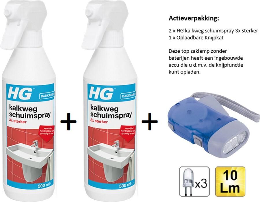 HG kalkweg schuimspray 3x sterker- 2 stuks + Knijpkat Zaklamp