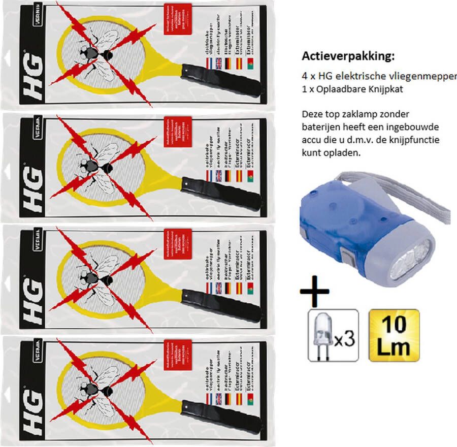 HG X elektrische vliegenmepper 4 Stuks + Zaklamp Knijpkat